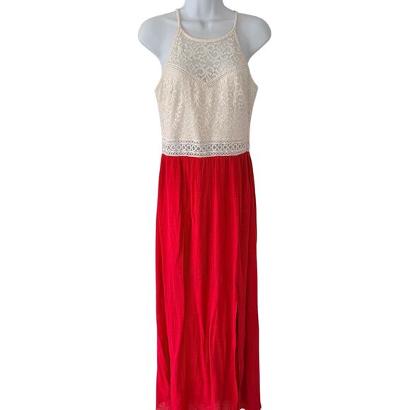 BCX Dresses & Skirts - BCX Red Cream Lace Gauze Racerback Maxi Dress Party Formal Wedding Guest size 11